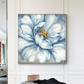 Handmade Gold Foil Abstract Oil Painting Wall Art Modern Minimalist Blue Color Flowers Canvas Home Decorative For Living Room No Frame (size: 100x100cm)