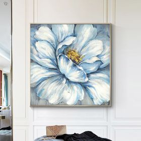 Handmade Gold Foil Abstract Oil Painting Wall Art Modern Minimalist Blue Color Flowers Canvas Home Decorative For Living Room No Frame (size: 60x60cm)