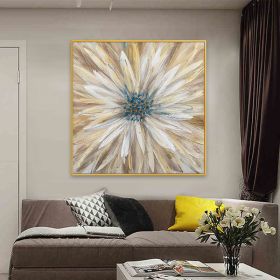 Abstract Golden White Flowers Hand Painted Oil Painting On Canvas Art Wall Pictures Painting For Living Room Home Decor Gift (size: 150x150cm)